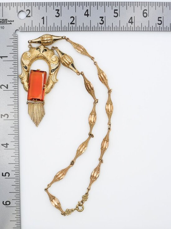 Antique Art Deco Czech Orange Glass Fringed Pendant Enameled  Antique‎ Art Deco Czech Orange Glass Fringed Pendant Enameled Necklace 1930s